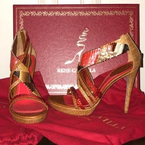 Rene Caovilla Raffia and Red Sequin Heels